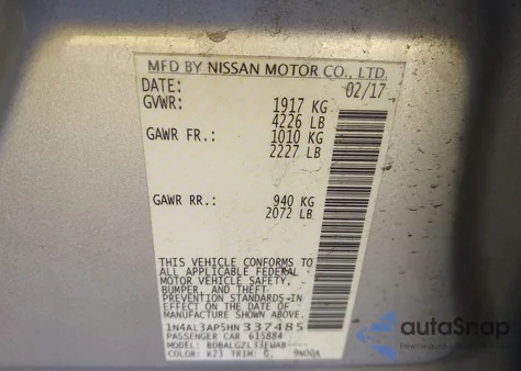 2017 Nissan Altima 2.5 S z USA, uszkodzony, nr VIN 1N4AL3AP5HN337485